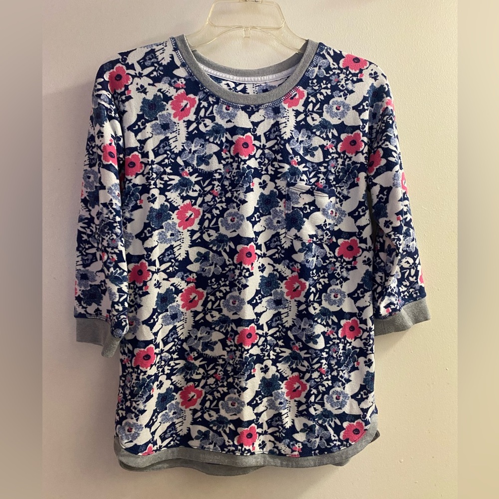 Cuddl Duds Womens Pajama Top Shirt XS 36” Fleece Floral Print Blue Pink White